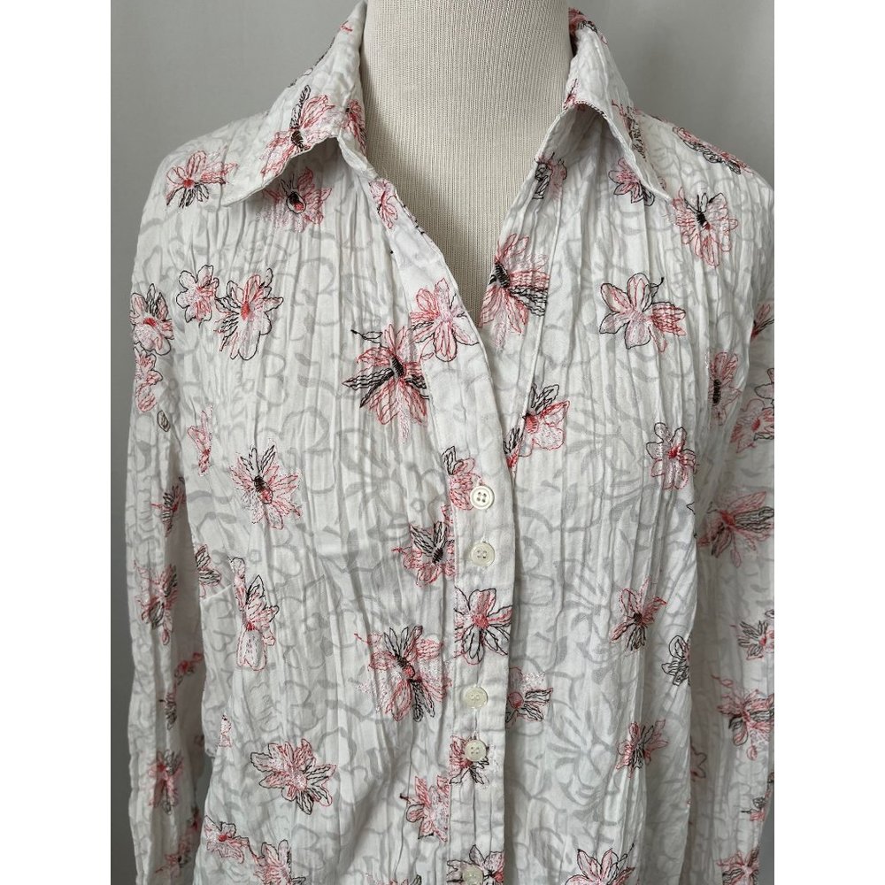 apt.9 White w/ Coral/Brown Floral Embroidered Crinkle Textured Button-up Shirt - Picture 2 of 10